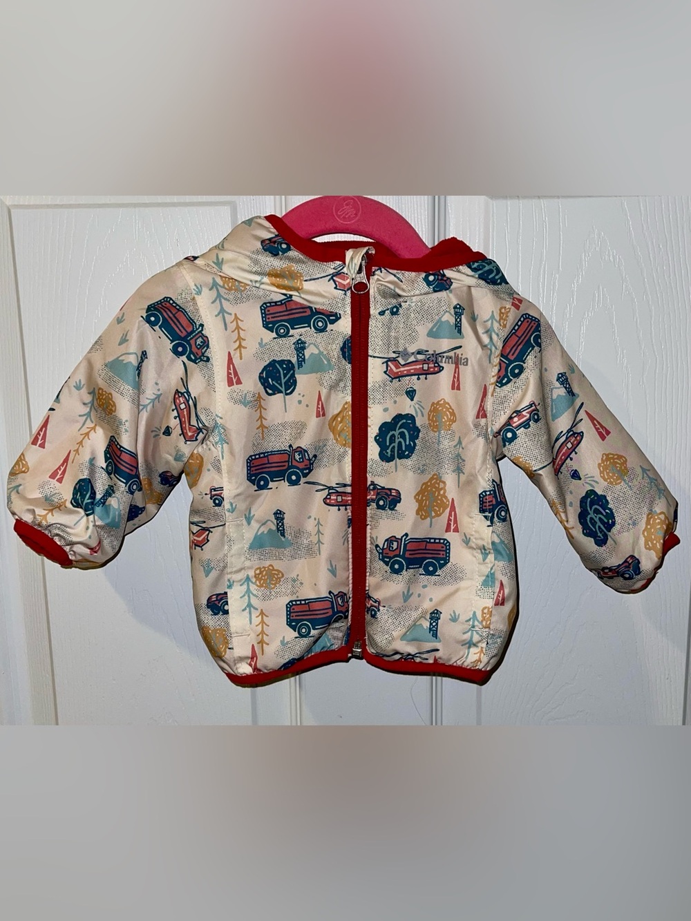 Columbia infant 3-6 months hooded vehicle wind jacket fleece lined firetruck